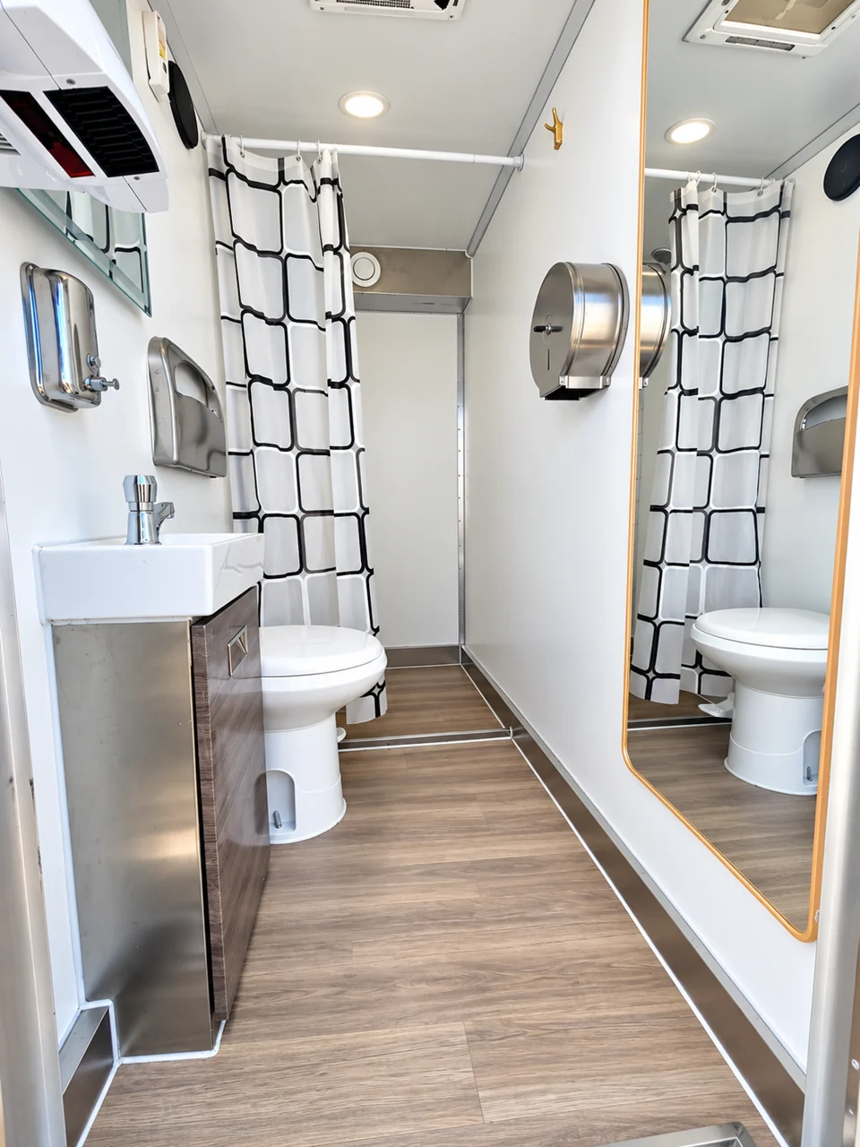 Interior of a mobile shower and restroom combination trailer
