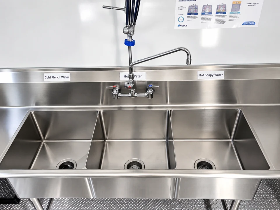 Stainless steel sinks and washing equipment inside a portable dishwashing facility