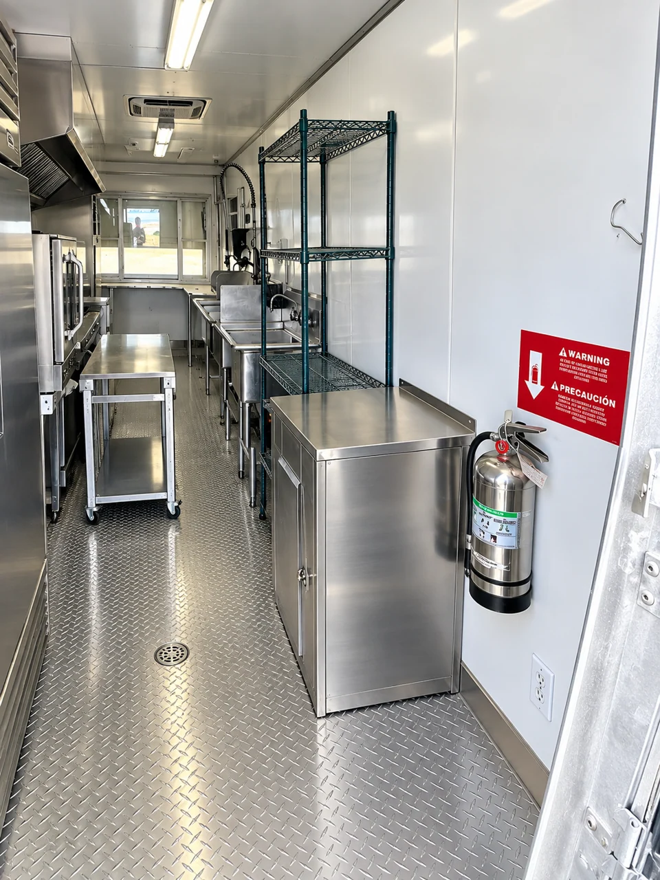 Stainless steel cooking line and preparation space inside a mobile kitchen