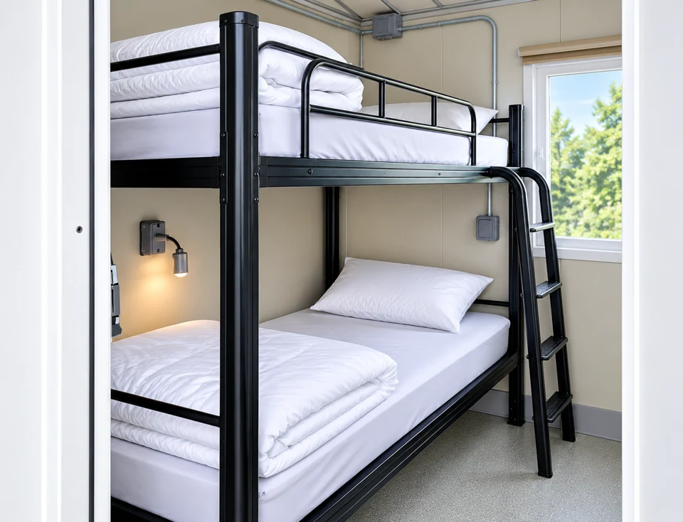 White sleeper trailer with individual entrances and access steps